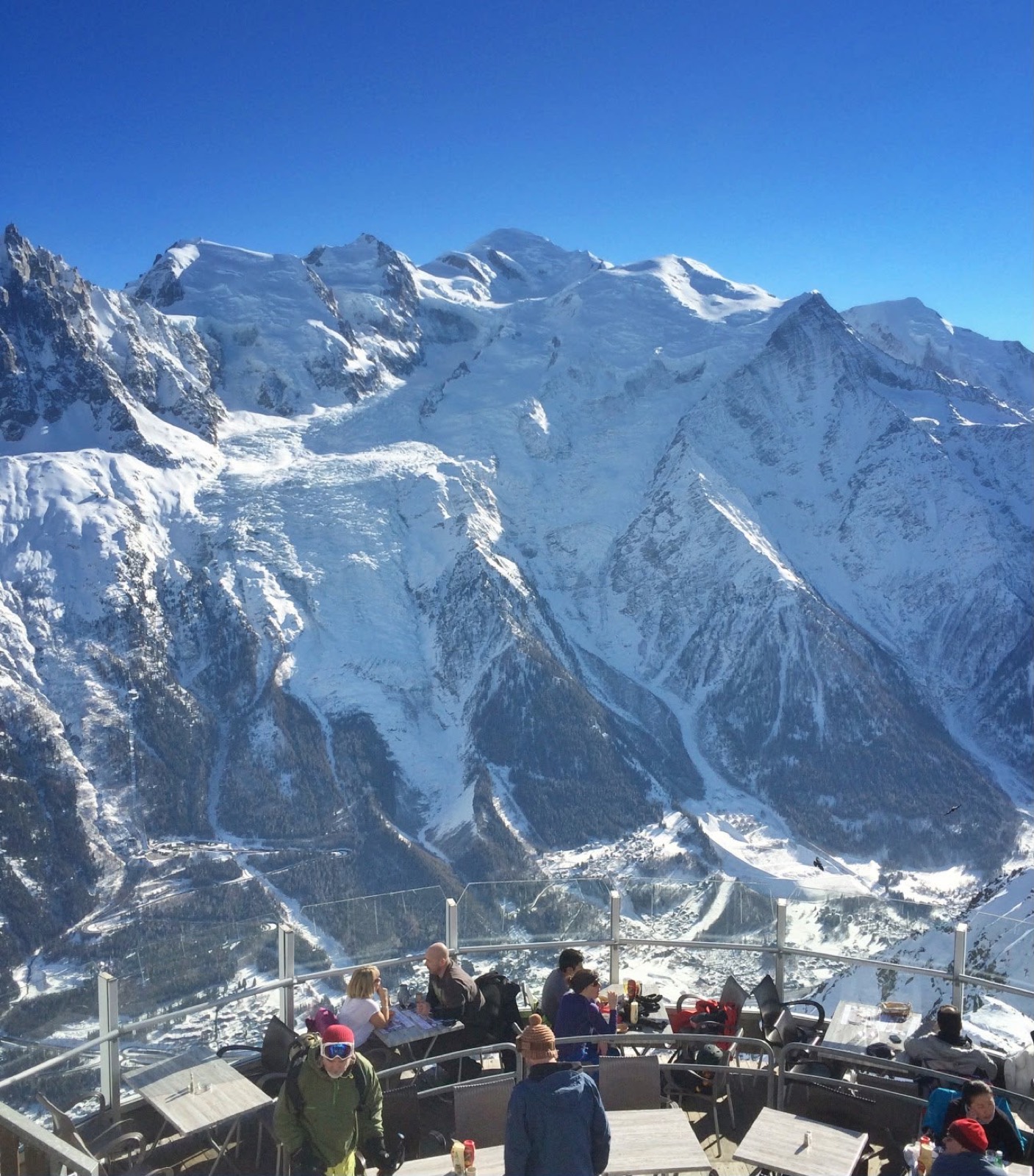 Personas en mesas de una terraza de montaña, con el macizo del Mont Blanc nevado detrás bajo un cielo azul intenso